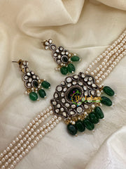 Pearl Victorian Diamond High Neck Choker-Green-VV076