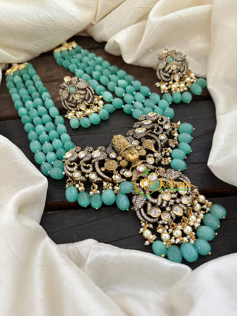 Aqua Green Bead Victorian Diamond Vishnu Neckpiece-VV077