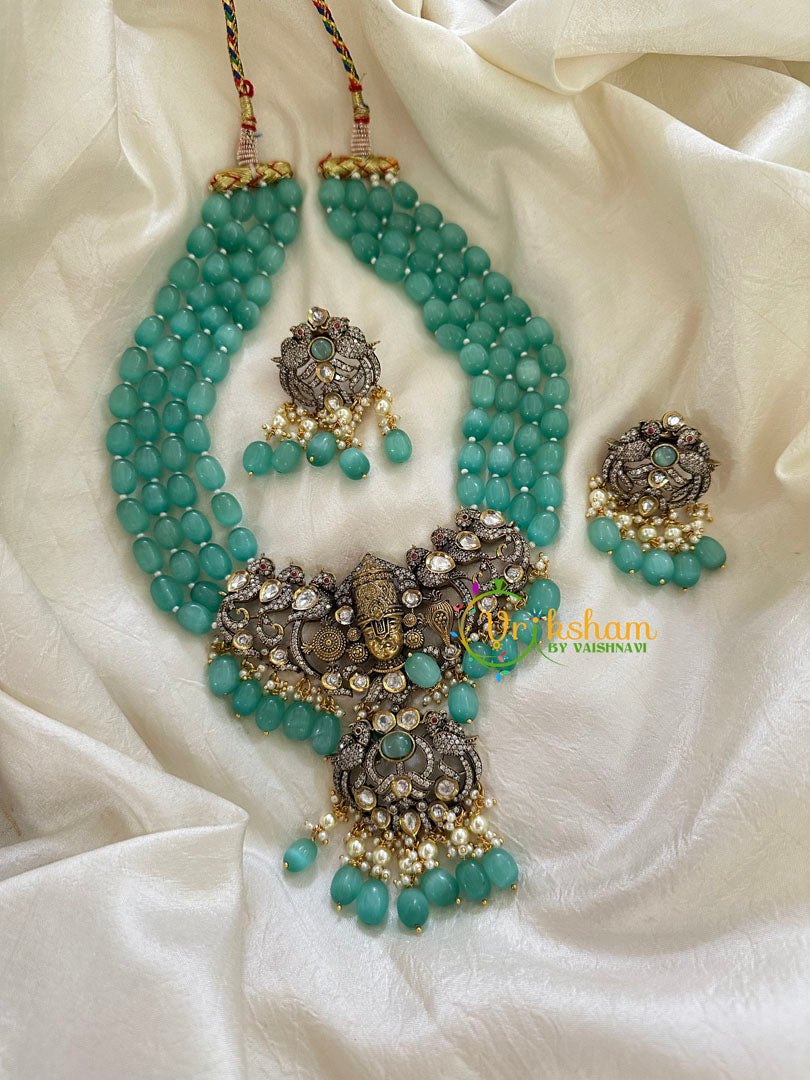 Aqua Green Bead Victorian Diamond Vishnu Neckpiece-VV077
