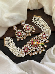 Pearl Victorian Diamond High Neck Choker-Red White-VV098