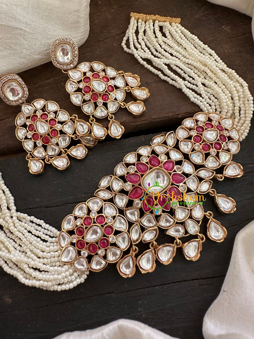 Pearl Victorian Diamond High Neck Choker-Red White-VV098