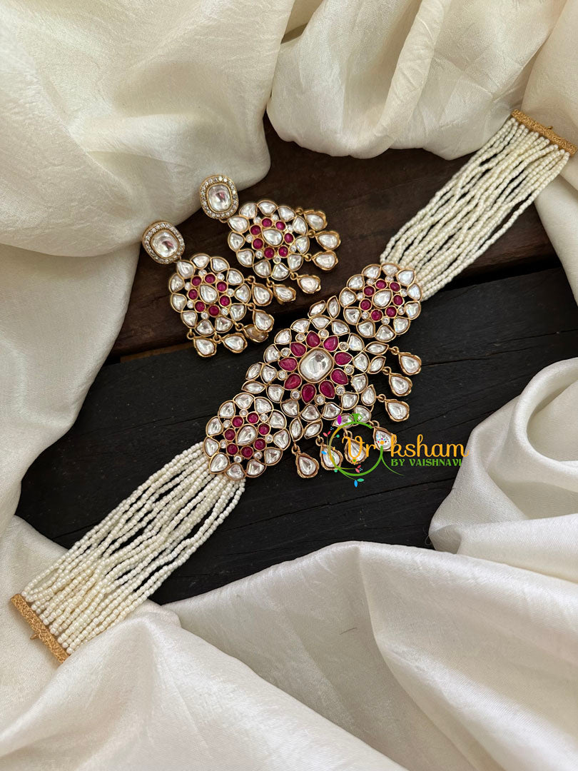 Pearl Victorian Diamond High Neck Choker-Red White-VV098