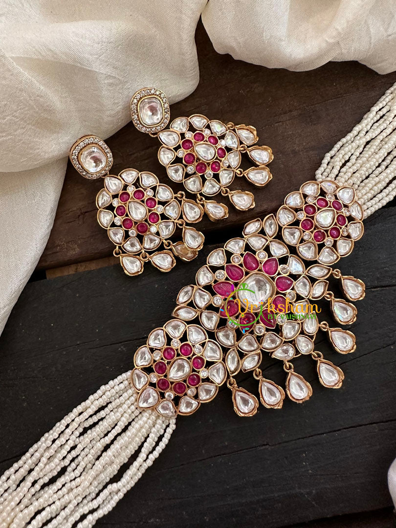 Pearl Victorian Diamond High Neck Choker-Red White-VV098