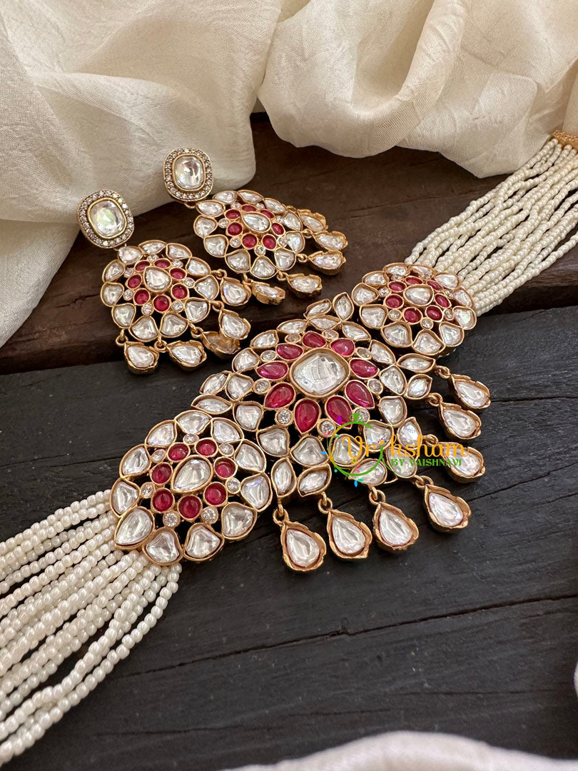 Pearl Victorian Diamond High Neck Choker-Red White-VV098