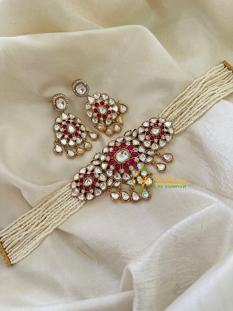 Pearl Victorian Diamond High Neck Choker-Red White-VV098