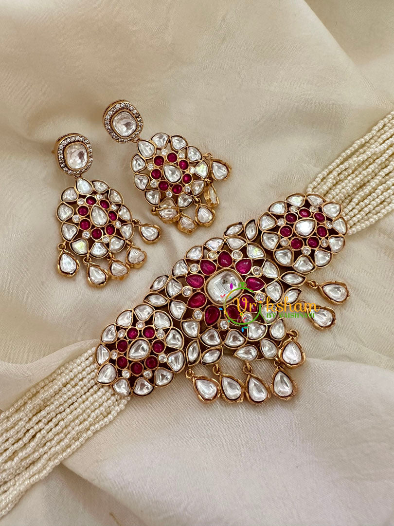 Pearl Victorian Diamond High Neck Choker-Red White-VV098