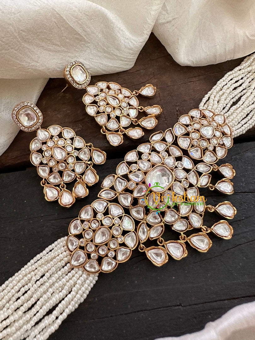 Pearl Victorian Diamond High Neck Choker-White-VV097