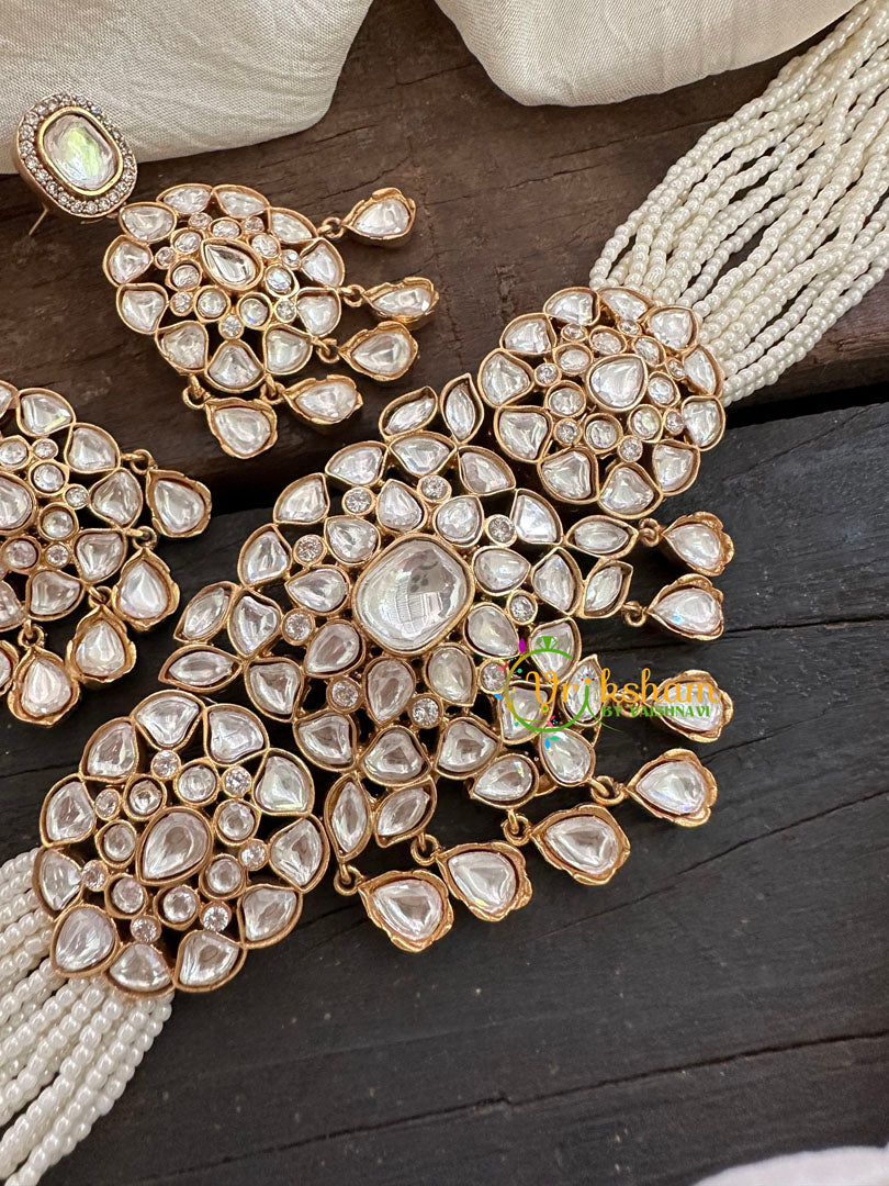 Pearl Victorian Diamond High Neck Choker-White-VV097