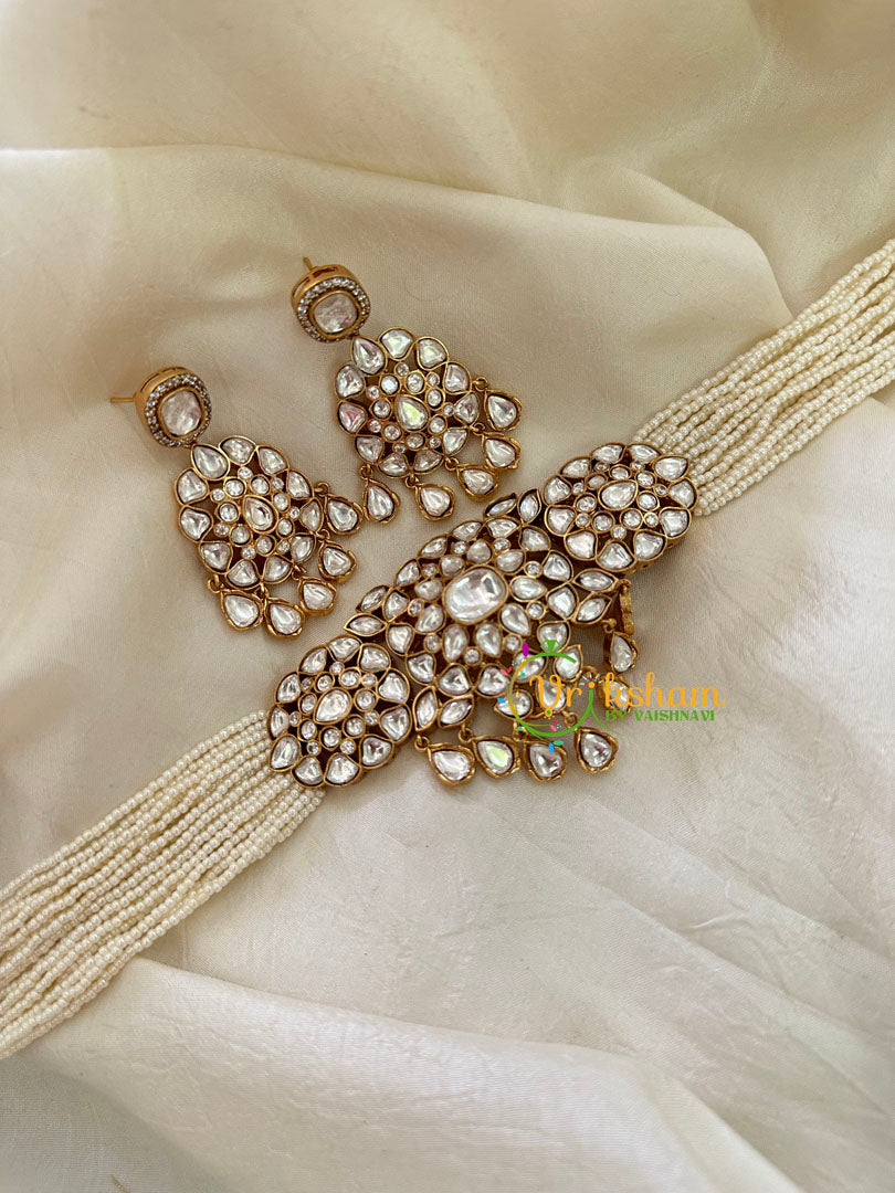 Pearl Victorian Diamond High Neck Choker-White-VV097