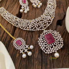 Red Bridal American Diamond Short Neckpiece -G10828