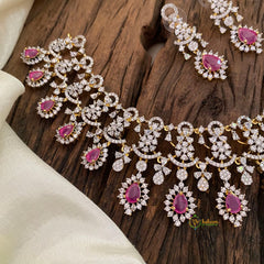 Red Pink Bridal American Diamond Short Neckpiece -G10825