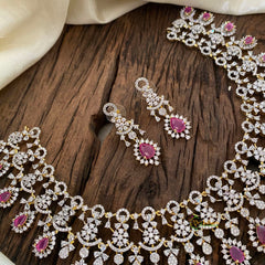 Red Pink Bridal American Diamond Short Neckpiece -G10825