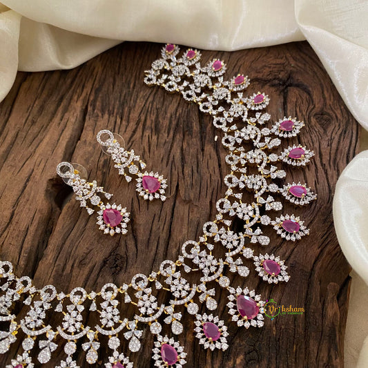 Red Pink Bridal American Diamond Short Neckpiece -G10825