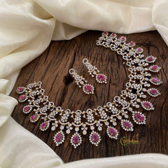 Red Pink Bridal American Diamond Short Neckpiece -G10825