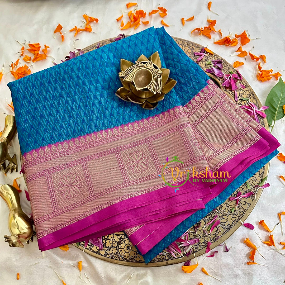 Blue with Pink Kora Muslin Saree-VS1702