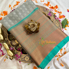 Grey with Teal Kora Muslin Saree-VS1712