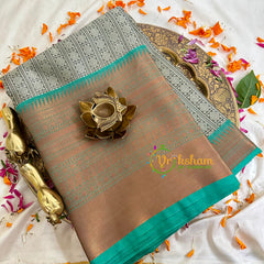 Grey with Teal Kora Muslin Saree-VS1712