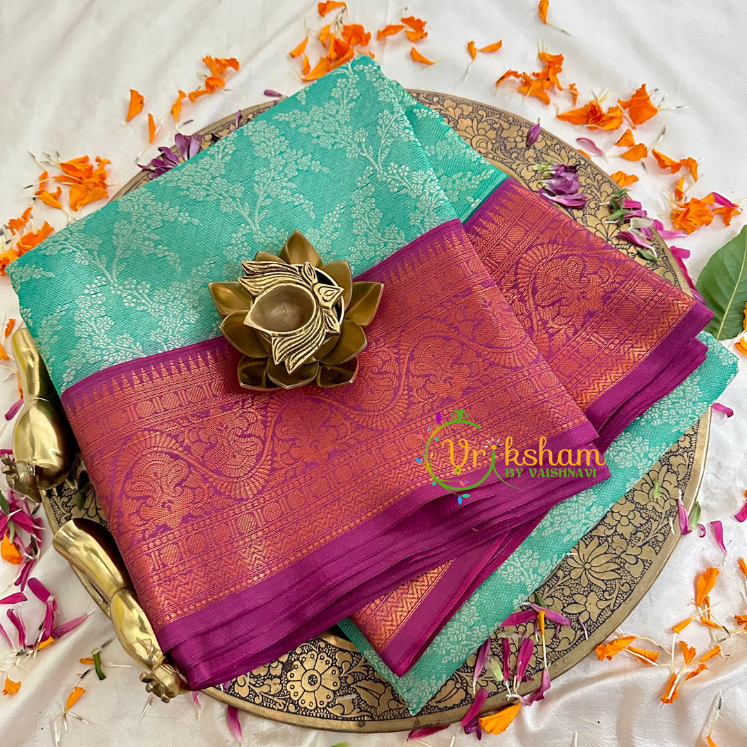 Green with Purple Kora Muslin Saree-VS1716