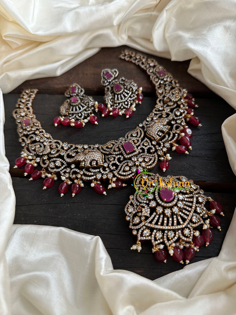 Victorian Diamond Short Neckpiece-Elephant -Red  -VV124