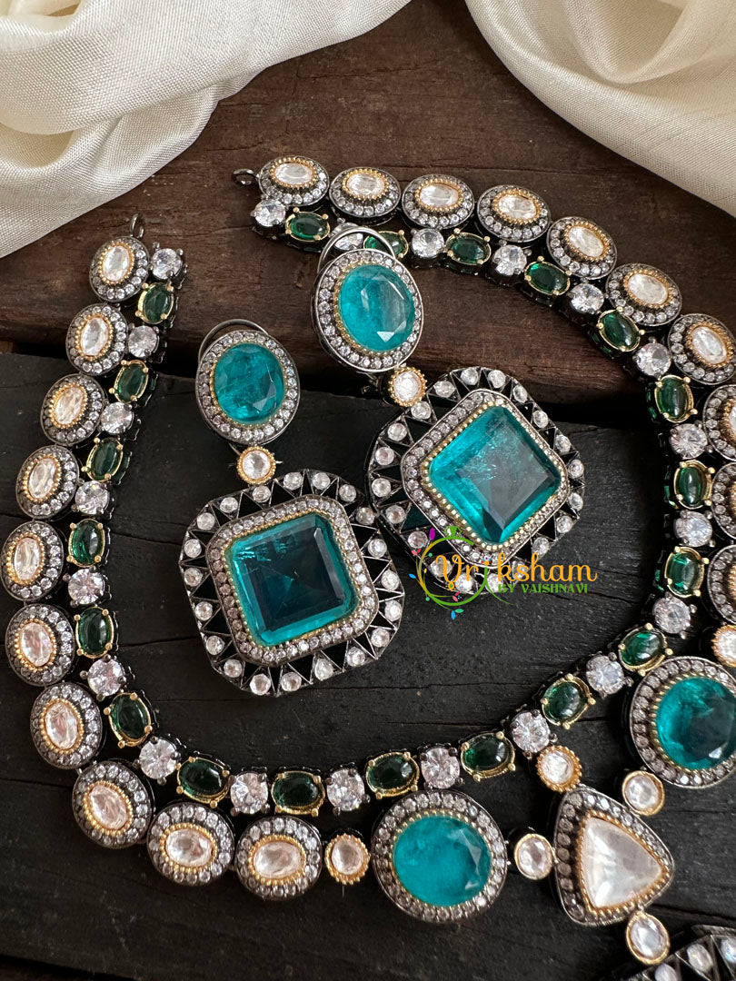Aqua Blue Victorian Diamond Short Neckpeice -VV071