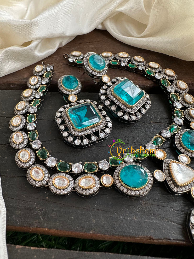 Aqua Blue Victorian Diamond Short Neckpeice -VV071