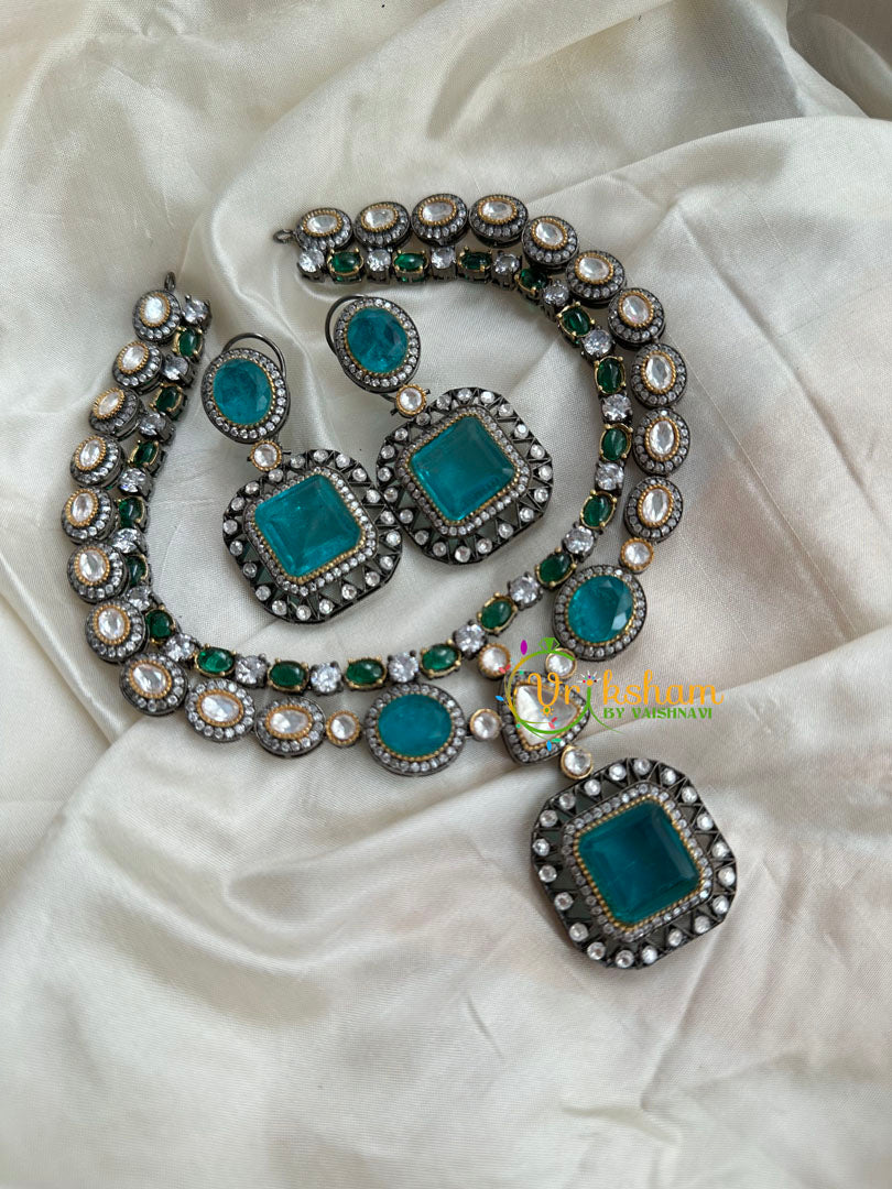 Aqua Blue Victorian Diamond Short Neckpeice -VV071