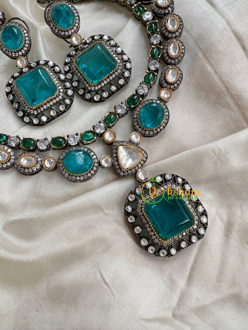 Aqua Blue Victorian Diamond Short Neckpeice -VV071