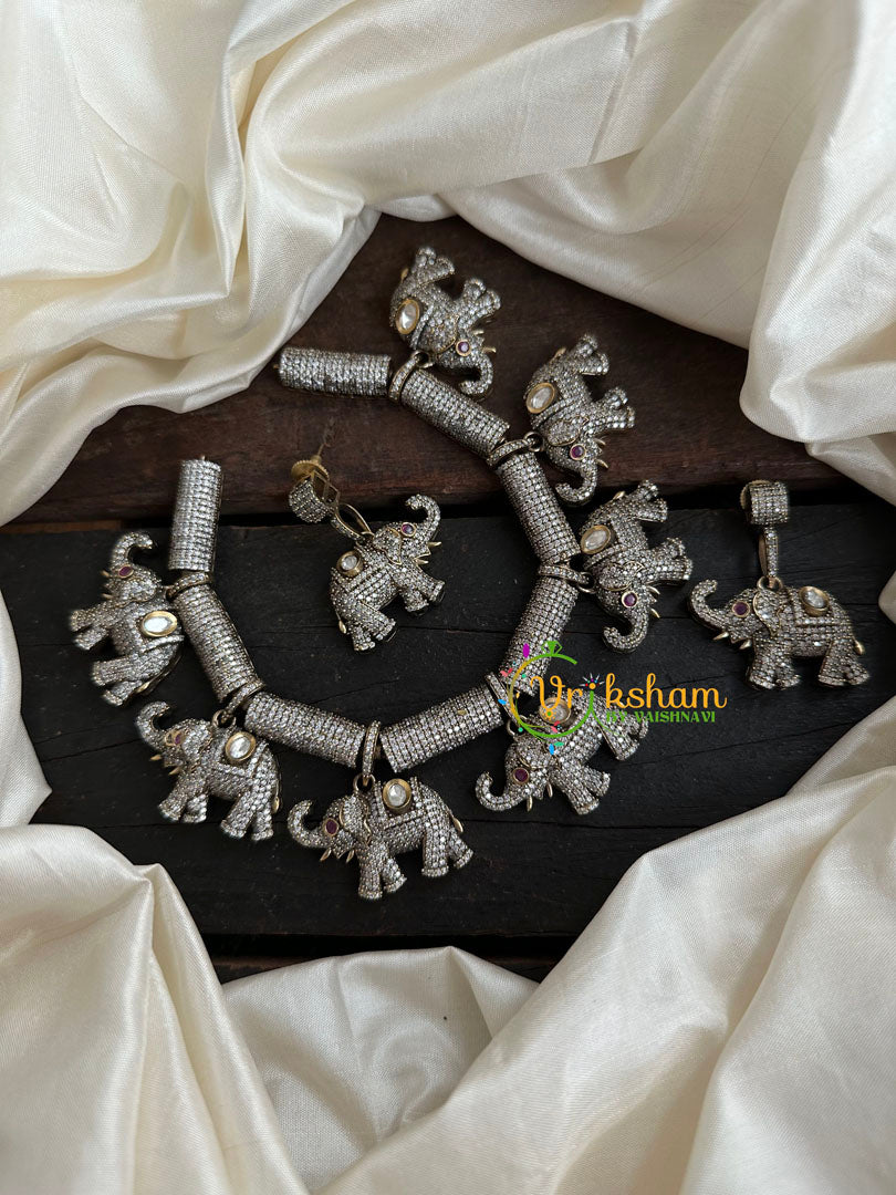 White Red Victorian Diamond Short Neckpiece -Elephant -VV113