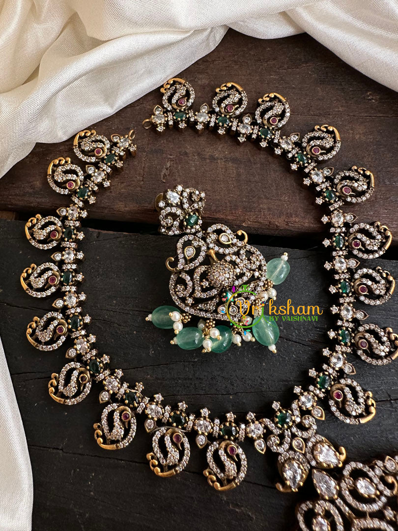 Victorian Diamond Short Neckpiece -Green -Peacock-VV131