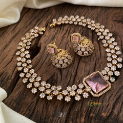 Light Pink American Diamond Choker Short Neckpiece -G10834