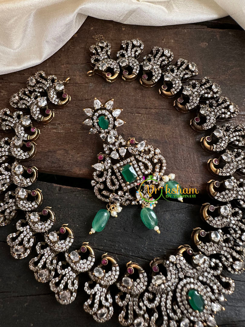 Victorian Diamond Short Neckpiece -Green -Peacock-VV134