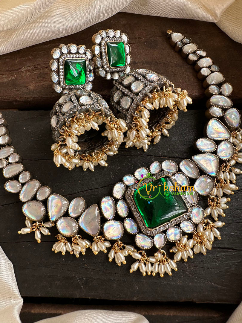 Green Stone Victorian Diamond Choker-VV099