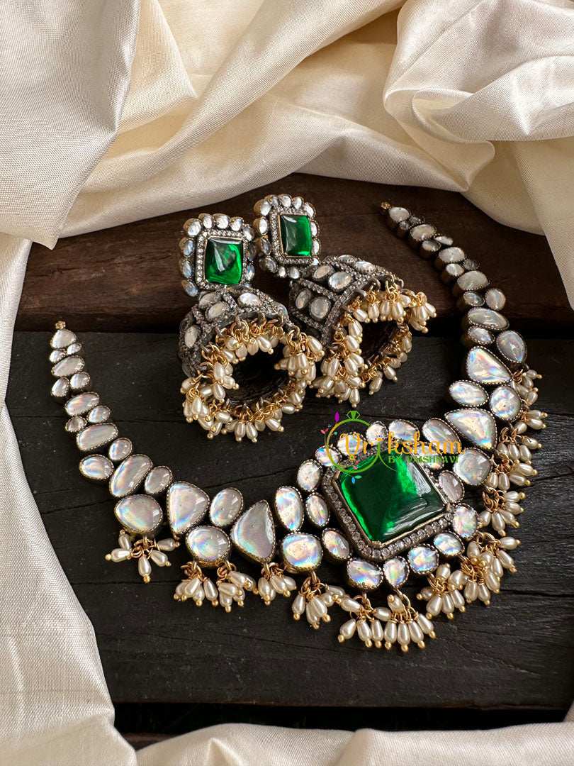 Green Stone Victorian Diamond Choker-VV099