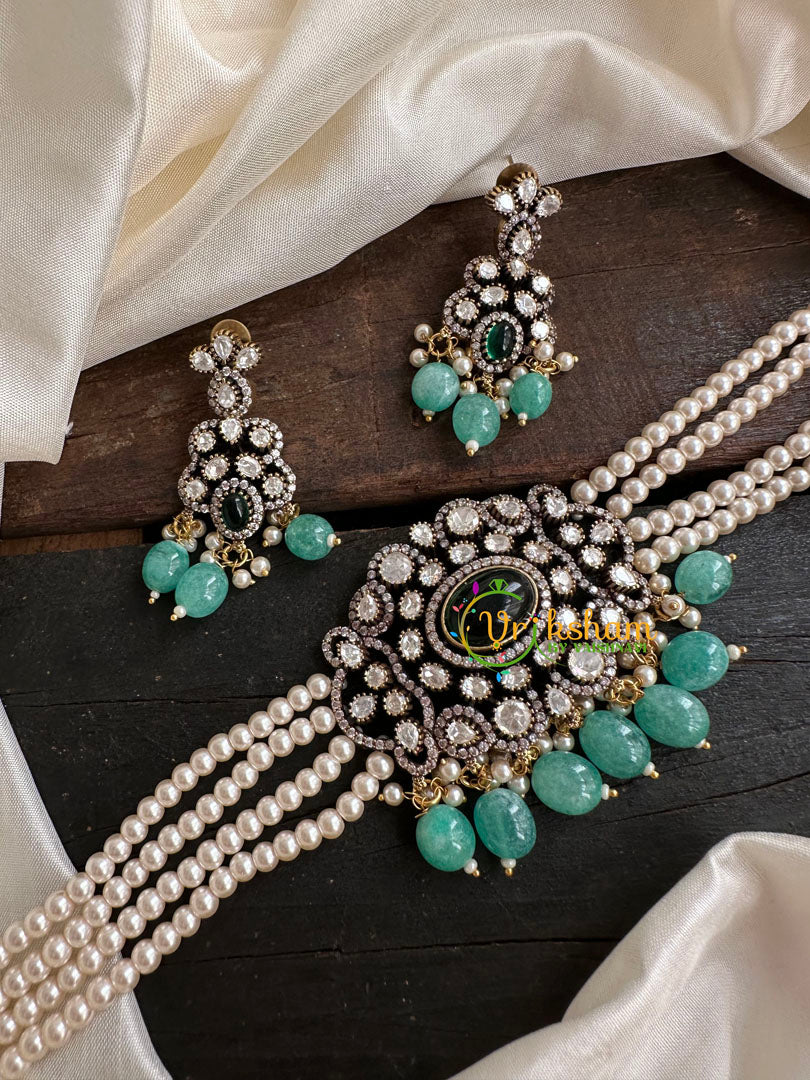 Pearl Victorian Diamond High Neck Choker-Pastel Green-VV091