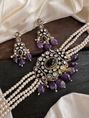 Pearl Victorian Diamond High Neck Choker-Purple-VV094