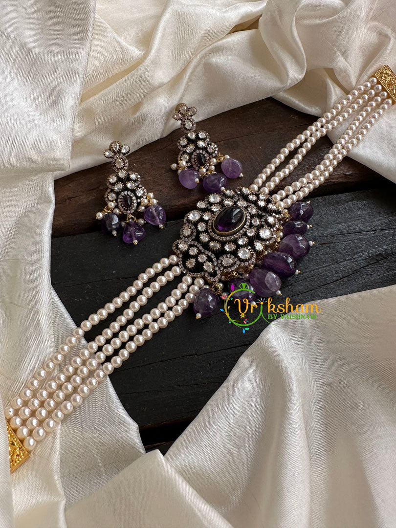 Pearl Victorian Diamond High Neck Choker-Purple-VV094