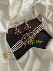 Pearl Victorian Diamond High Neck Choker-RED-VV093