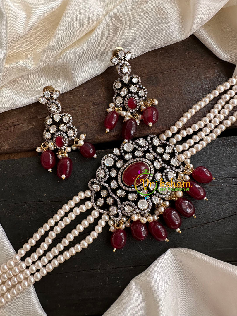 Pearl Victorian Diamond High Neck Choker-RED-VV093