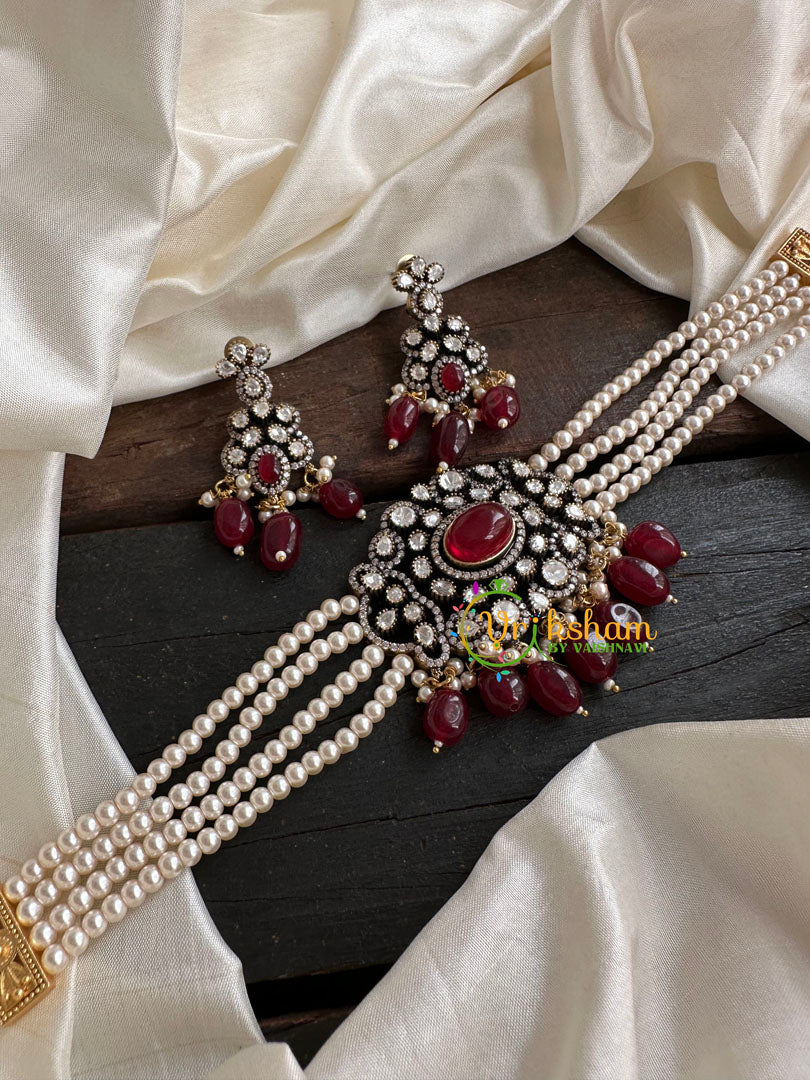 Pearl Victorian Diamond High Neck Choker-RED-VV093