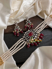 Pearl Victorian Diamond High Neck Choker-RED-VV093
