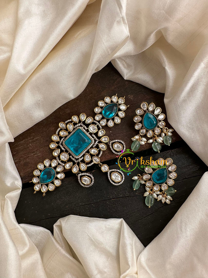 Aqua Blue Victorian Diamond High Neck Choker-VV104