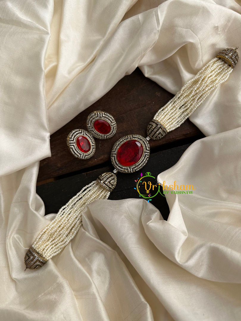 Pearl Victorian Diamond High Neck Choker-Red-VV095
