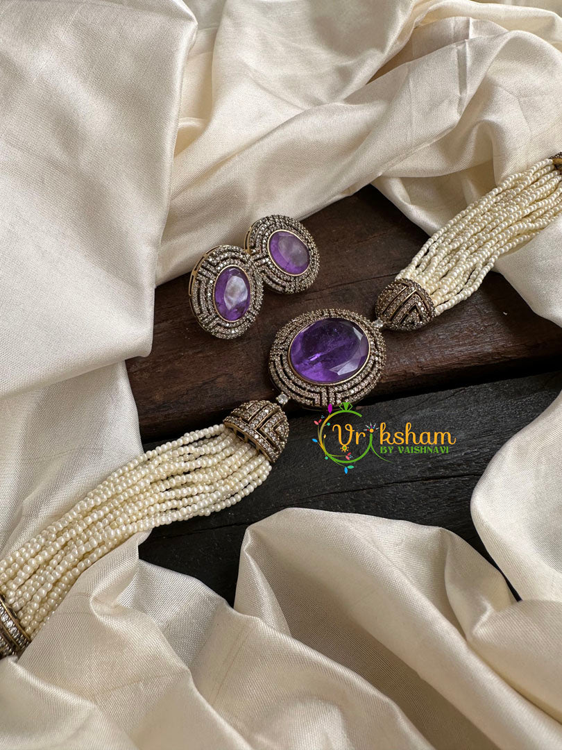 Pearl Victorian Diamond High Neck Choker-Purple-VV096