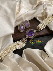 Pearl Victorian Diamond High Neck Choker-Purple-VV096