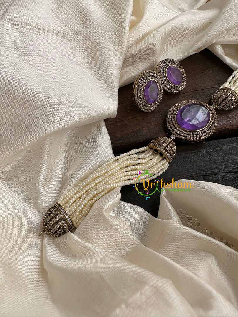 Pearl Victorian Diamond High Neck Choker-Purple-VV096