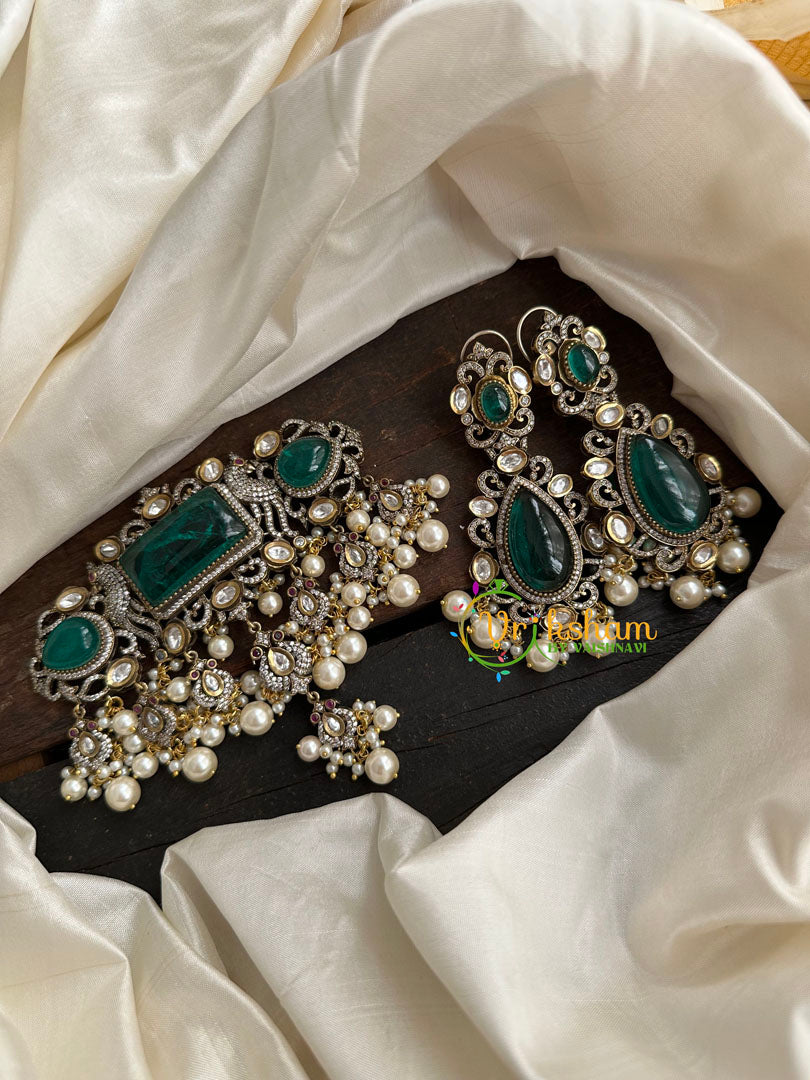 Emerald Green Victorian Diamond High Neck Choker-VV110