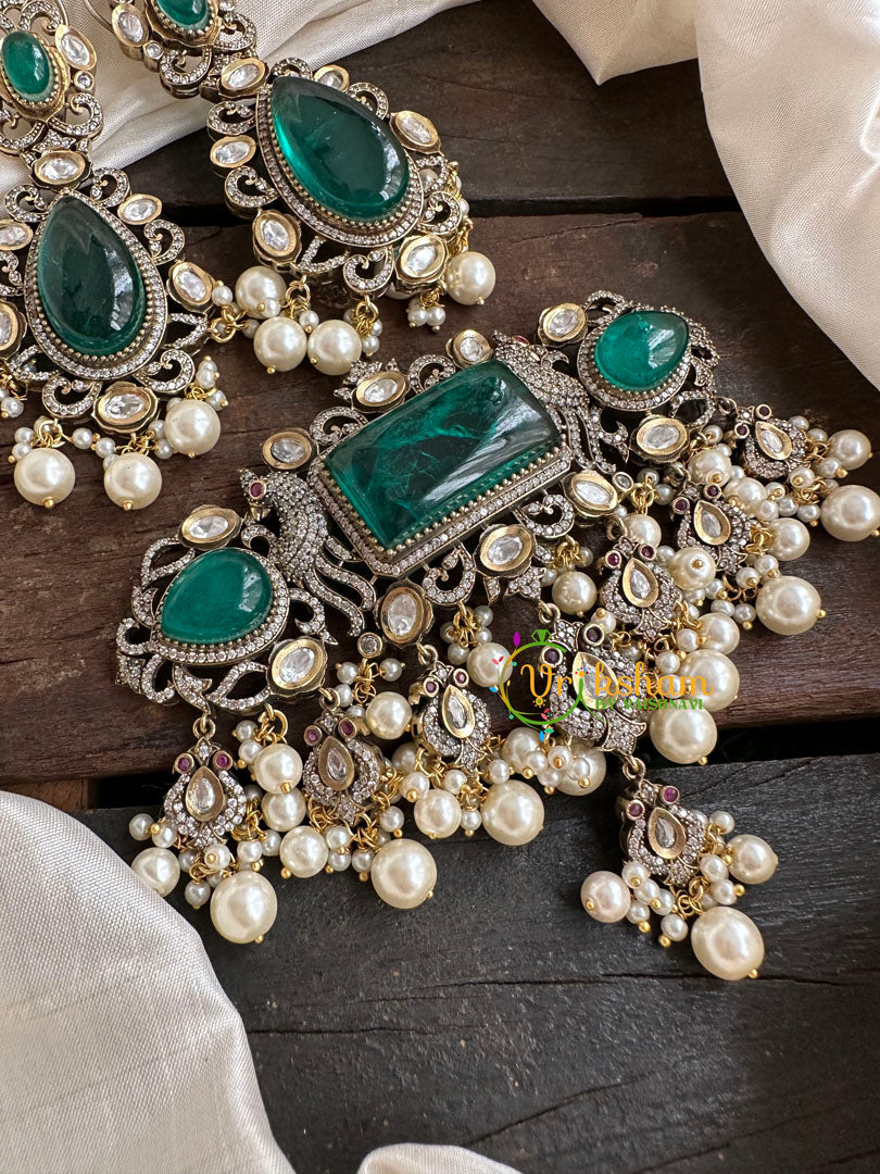 Emerald Green Victorian Diamond High Neck Choker-VV110