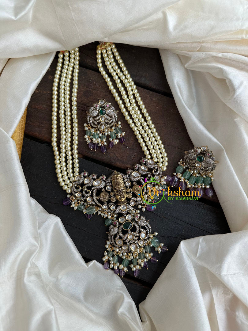 Pearl Victorian Diamond Temple Neckpiece -Purple-Vishnu Pendant-VV078