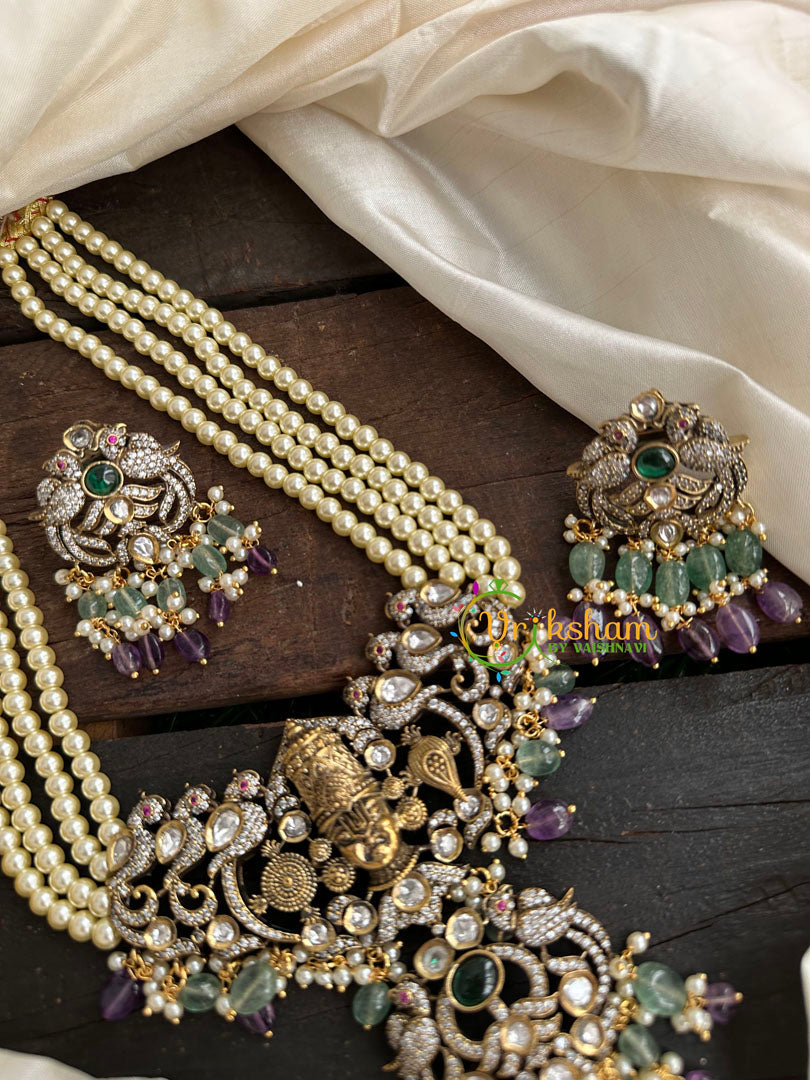 Pearl Victorian Diamond Temple Neckpiece -Purple-Vishnu Pendant-VV078