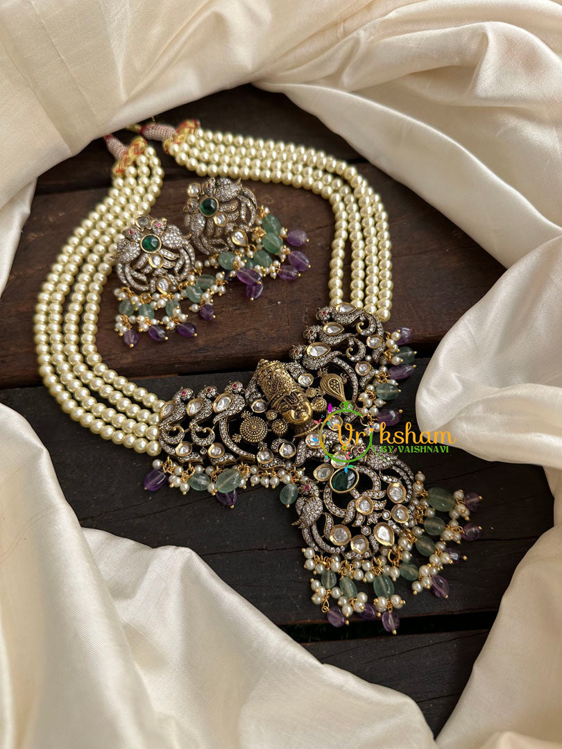 Pearl Victorian Diamond Temple Neckpiece -Purple-Vishnu Pendant-VV078